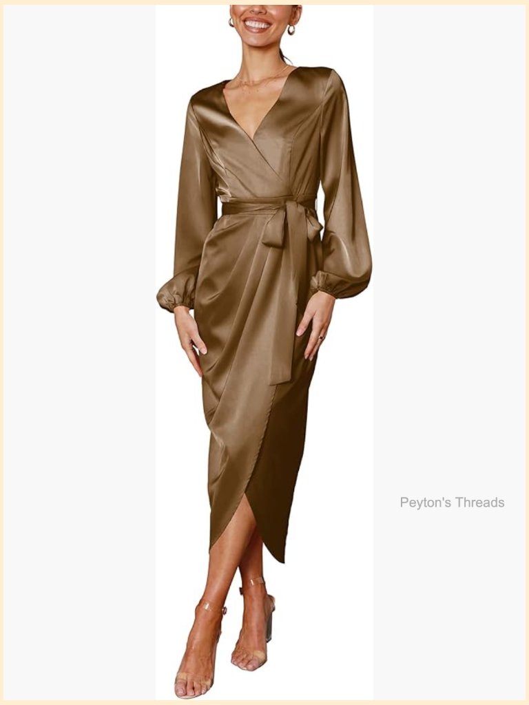 Long Sleeve V-Neck Tie Waist Split Formal Cocktail Dress